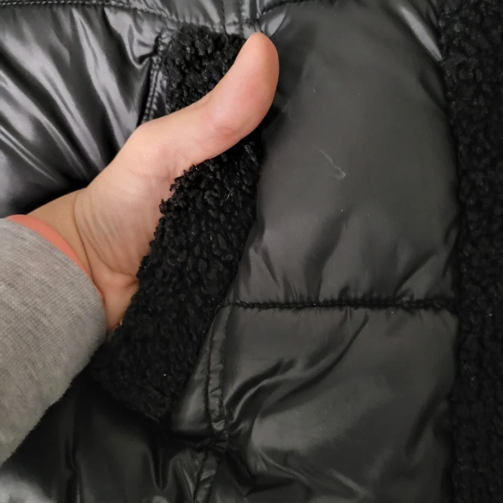 A.n.a Black Glossy Puffer Sherpa Detail Hooded Chic Cold Winter Weather Jacket